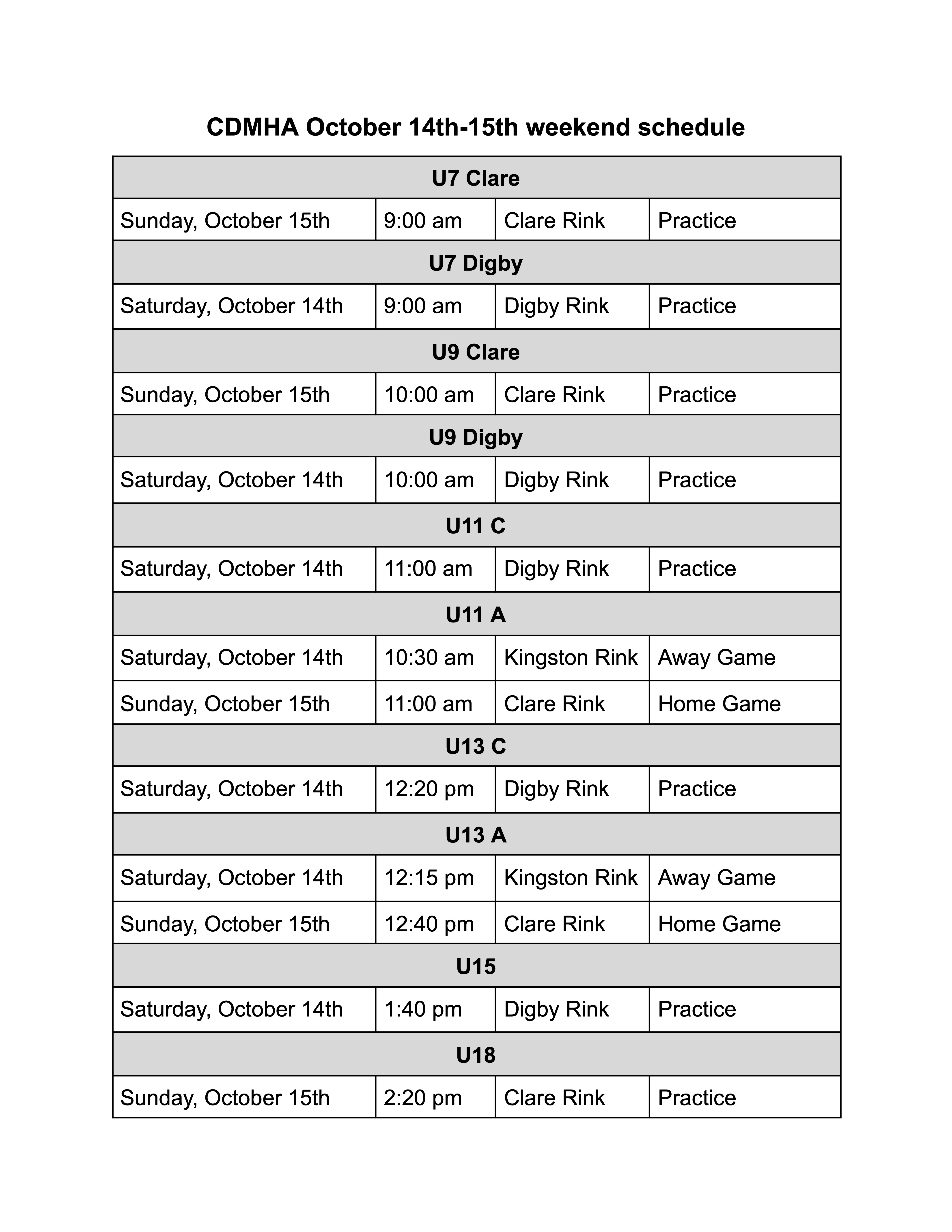 Oct- 14-15 weekend schedule